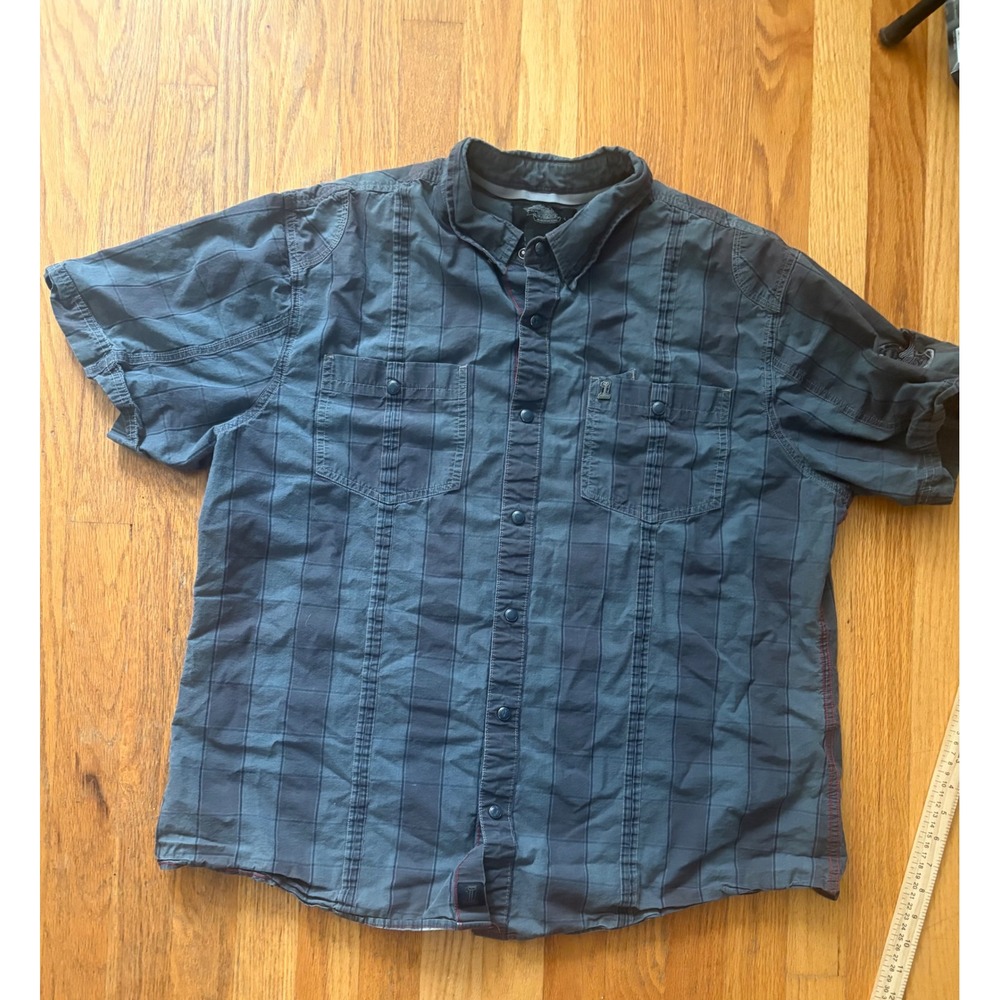 Harley-Davidson Mens 2XL‎ Gray Plaid Snap Front Short Sleeve Biker Logo Patch